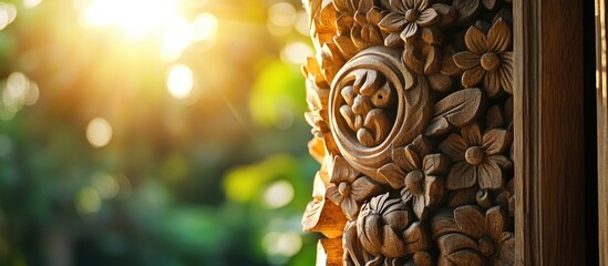 Aufkleber - Intricate wooden carving of floral designs with warm sunlight illuminating the background featuring lush greenery and Copy Space.