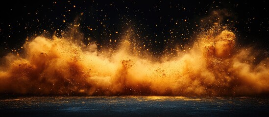 Aufkleber - Vibrant abstract yellow and gold powder explosion creating a dynamic effect against a deep black background.