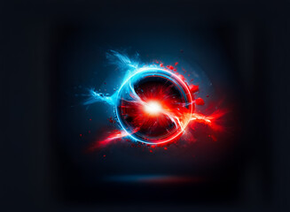 Aufkleber - Abstract glowing circle emits dynamic bursts of vibrant blue and red energy on a dark backdrop.  Visually striking and impactful.