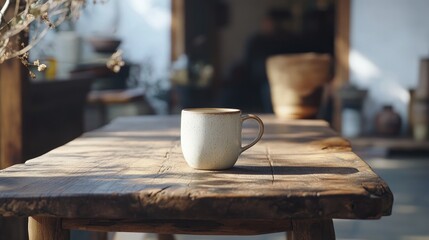 Poster - A simple coffee cup on a rustic wooden table, with natural light highlighting the textures of the wood and creating a calm, minimalist aesthetic.