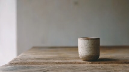 Poster - A simple coffee cup on a rustic wooden table, with natural light highlighting the textures of the wood and creating a calm, minimalist aesthetic.
