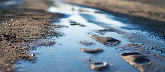 Aufkleber - puddle on textured ground reflecting light with water droplets copy space
