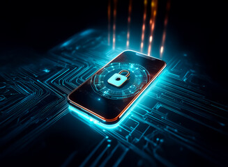 Fototapete - A mobile phone with a glowing lock icon is centered in a vibrant, futuristic tunnel with neon blue and orange lights.  The scene suggests digital security and technological advancement in a cyber envi