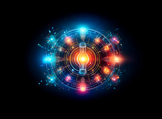 Poster - Abstract glowing circular design with blue and orange lights on a dark backdrop. Bright core emits energy. Concentric rings suggest a futuristic, digital style.