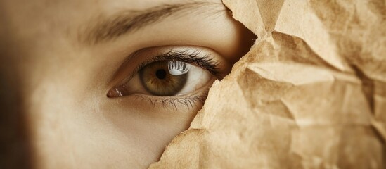 Poster - Close-up of a woman's eye peeking through crumpled paper with copy space for text or design.