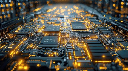 Wall Mural - Abstract Technology Background: Close-up view of a circuit board with glowing components, representing the digital age and technological advancements.