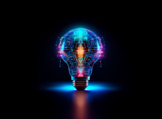 Poster - A vibrant light bulb glowing with colorful circuit patterns and lights, illuminated against a dark background. The bulb radiates a sense of innovation and bright ideas.