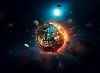 Poster - A digital art piece portrays a globe with a prominent bitcoin symbol fracturing and bursting apart in a dynamic explosion effect against a dark backdrop.