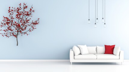 Wall Mural - Modern living room, white sofa, red pillows, minimalist decor, light blue walls