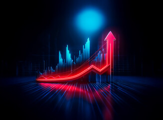 Poster - Glowing red arrow and blue line graph ascend against a dark background, symbolizing growth and positive trends. Data visualization with vibrant colors.