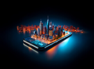 Aufkleber - Futuristic city miniature on a smartphone display, glowing with vibrant lights. Blurred cityscape backdrop suggests connectivity and modern digital technology integration.