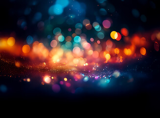 Poster - A vibrant display of defocused lights creates a bokeh effect against a dark background.  Orange, blue, and purple hues blend in a sparkling, abstract composition, suggesting a festive atmosphere.