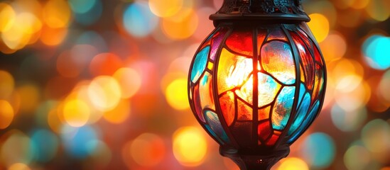 Aufkleber - Colorful stained glass lantern glowing against a vibrant bokeh background creating a warm and inviting atmosphere.