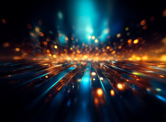 Aufkleber - Dynamic abstract perspective with bokeh lights in blue and orange on a dark surface, evoking a futuristic and energetic atmosphere.