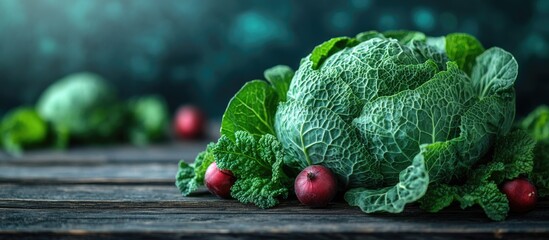 Wall Mural - Vibrant green cabbage displayed on a rustic wooden table with fresh red apples enhancing the farm-fresh aesthetic.