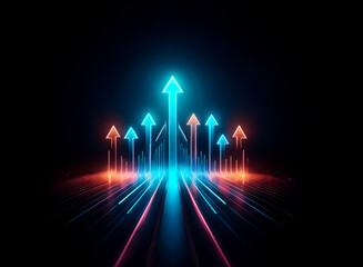 Poster - Neon blue and orange arrows dynamically point upwards from a reflective dark surface, symbolizing progress and direction in a vibrant, futuristic style.