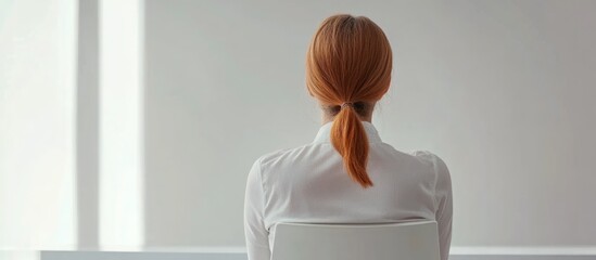 Poster - Woman with red hair sitting in a minimalist environment facing a plain white wall Copy Space