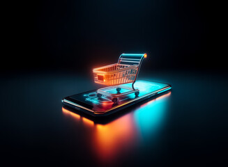 Poster - A miniature glowing shopping cart rests on a sleek smartphone, illuminated by vibrant orange and blue neon lights against a dark backdrop, representing modern digital commerce.
