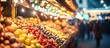 © pngking - Colorful fruit market scene with blurred background and decorative lights, featuring various fruits in a vibrant display, Copy Space.