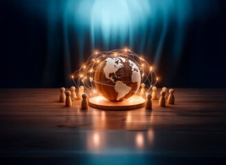 Aufkleber - Wooden globe encircled by figures on a table, illuminated by soft lights, symbolizing global connection and community.