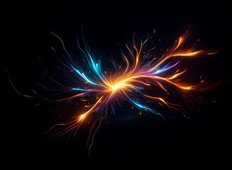 Poster - A vibrant burst of energy radiates outward from a central point, branching in hues of orange, blue, and purple against a stark black backdrop.