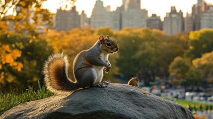 Poster - A squirrel calmly perched on a rock, surrounded by city park wildlife, trees, and grass, set against the backdrop of a busy urban landscape.