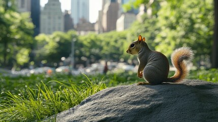 Poster - A squirrel sitting peacefully on a rock in the park, surrounded by lush grass and trees, with a busy urban environment in the background.