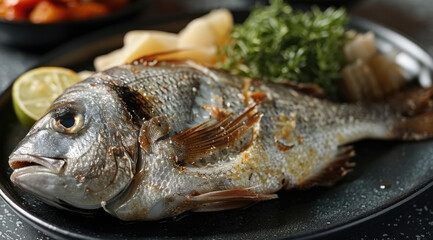 Poster - Korean sea bream on black place, food.