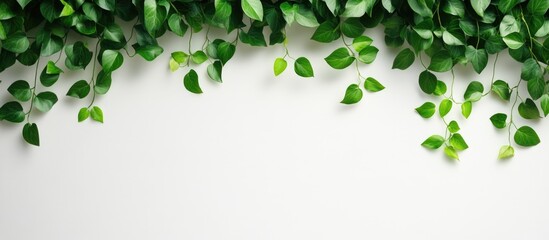 Wall Mural - Lush green leaves cascading over a white wall creating a serene background with ample space for text and design elements.