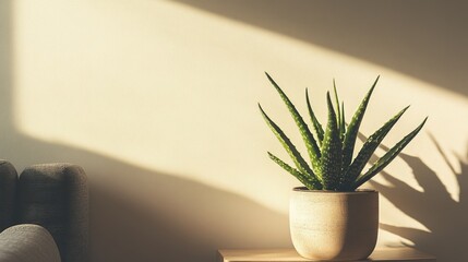 Poster - Aloe plant in a decorative pot next to a couch with natural light casting shadows and ample empty space for text or design elements