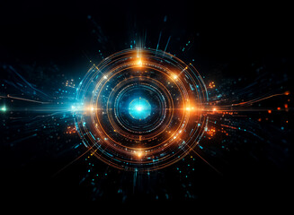 Poster - Glowing circular tech design with vibrant blue and orange lights against a dark backdrop.  Abstract futuristic element with radiating energy and intricate digital details.