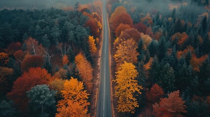 Poster - Aerial view of the colorful autumn forest, Beautiful fall colors in the trees and pines. road, A vibrant display of reds, oranges, yellows, and green.