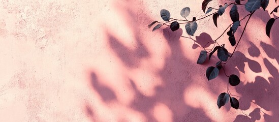 Aufkleber - Shadows of leaves creating an abstract pattern on a textured pink concrete wall background for artistic and aesthetic design projects.