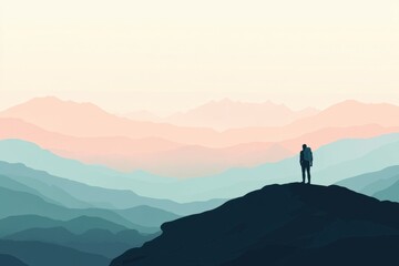 Aufkleber - Silhouette of a hiker on mountain ridge overlooking vast landscape during sunset hues. Generative AI