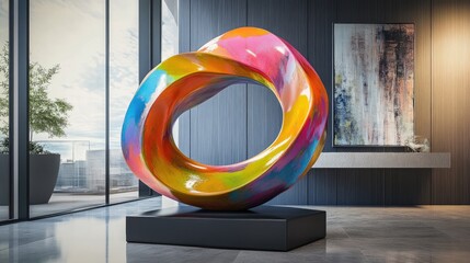 Poster - A striking abstract sculpture in vivid hues, forming an infinite loop, creating an artistic and modern display in a contemporary setting with bold visual appeal.