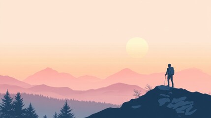 Aufkleber - Hiking silhouette against a vibrant sunset over mountain ridges with open space for text. Generative AI