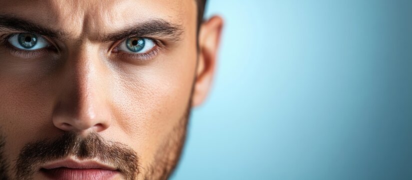 Intense close-up portrait of a man's face with striking blue eyes conveying emotion and depth while providing space for personalized text