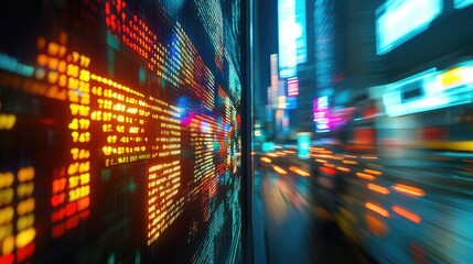 Poster - A striking visual of holographic stock prices unraveling amidst a city skyline, with frenetic energy and bright lights symbolizing the intensity of modern trading.