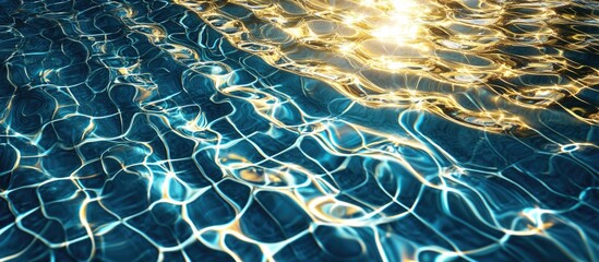 Aufkleber - Reflective golden patterns on serene pool water highlighted by shimmering sunlight creating an abstract aquatic landscape.