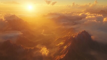 Poster - A stunning aerial shot of vast mountains bathed in the warm golden light of a sunset, clouds floating over the terrain from an airplane window.