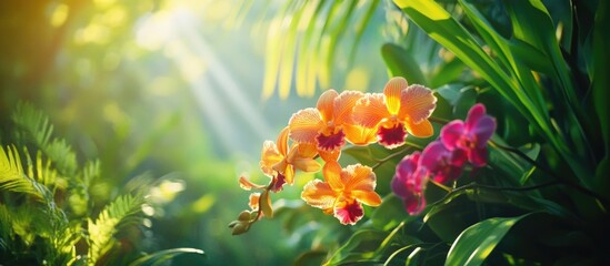 Wall Mural - Vibrant orchids blooming in a lush garden illuminated by soft sunlight creating a serene and enchanting botanical scene.