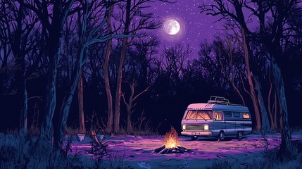 Wall Mural - Serene Night Campsite under the Full Moon Vintage Camper Van in a Starlit Forest.