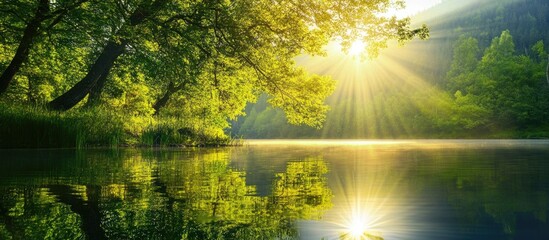 Wall Mural - Backlit forest trees creating shimmering reflections in tranquil lake water at dawn in Stanley Idaho