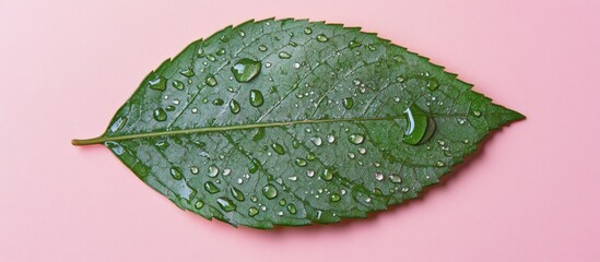 Wall Mural - Macro close-up of a dew-covered green leaf placed against a soft pink background showcasing intricate details and natural beauty