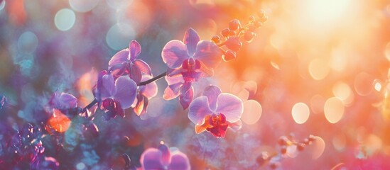 Sticker - Soft-focused Vanda orchids in purple hues with bright bokeh background capturing the essence of nature's abstract beauty in sunlight.