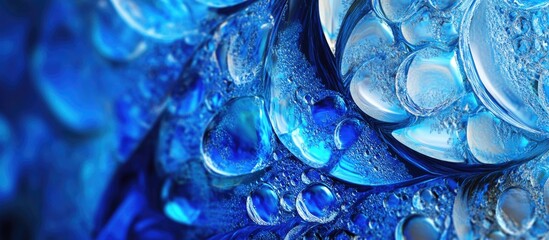 Sticker - Abstract blue background with water droplets on glass creating a captivating texture and design suitable for creative and artistic projects.