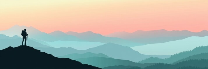 Wall Mural - Silhouette of a hiker on a mountain ridge at sunset contemplating a vast wilderness landscape. Generative AI