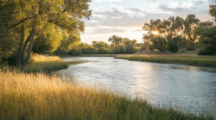 Wall Mural - Golden hour illuminates a serene riverside meadow with swaying grasses and calm waters reflecting the soft light