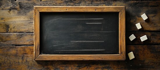 Vintage blackboard in a wooden frame on rustic wooden background with chalk pieces for educational and creative concepts.