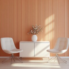 Poster - Minimalist Interior with Peach Wall and White Furniture 2025 3D Rendering